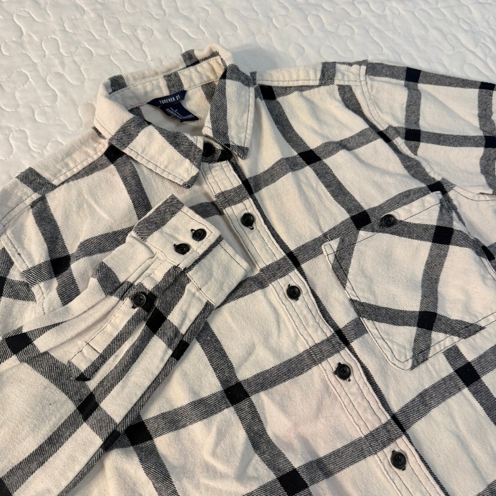 Forever21 Women S Flannel Shirt White Black Windowpane Plaid Button Down western
